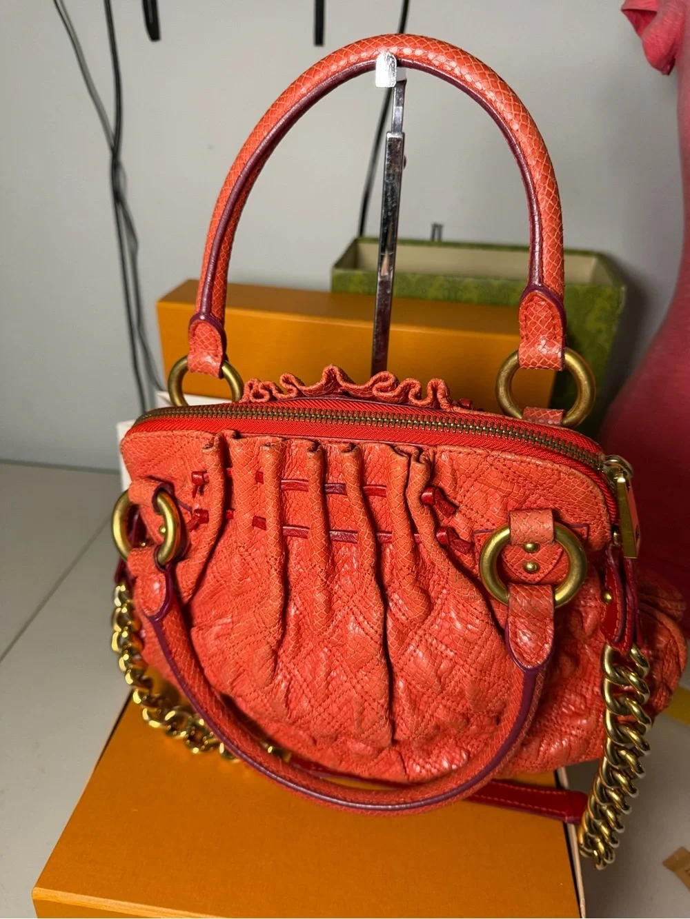 Marc Jacobs Embossed Python Leather Satchel – Coral Red